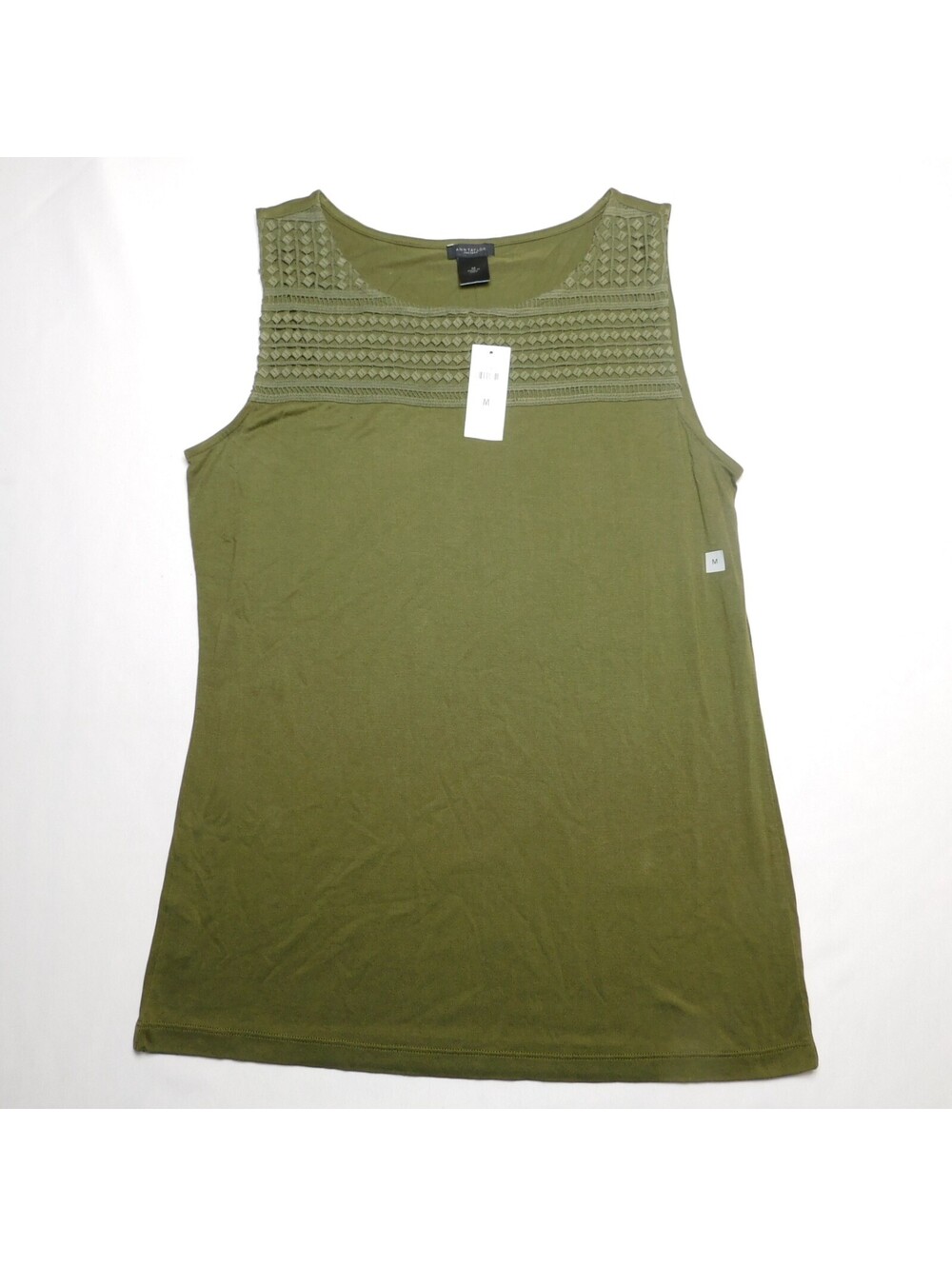 Ann Taylor Factory NWT Women's Medium Olive Green Mixed Media Embroidered Tank T